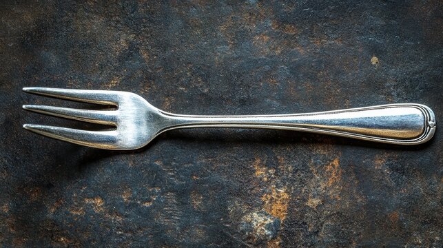 Close-up image of a vintage metallic fork with three tines resting on a textured, rustic metal surface showcasing intricate details and reflective highlights