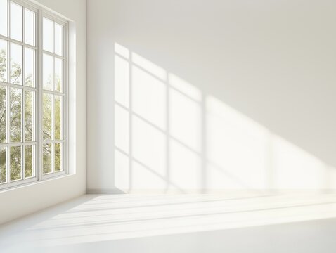 Empty corner of minimalist living room with natural lighting. Large window fills room with sunlight casting shadows on wall. Neutral tones create calm, stylish interior design. Perfect for real