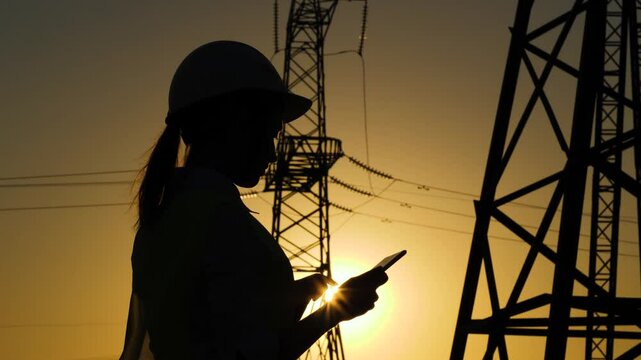 Electrical Engineer. engineer work tablet sunset. towers electricity work. work digital helmets. voltage engineers electrical silhouette. industry technology tablet. computer engineer. working using