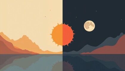 Minimalistic balanced day and night landscape with sun, moon, and mountains