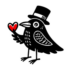 cute raven wearing a top hat and holding a heart, simple illustration