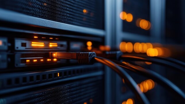 Advanced tech servers with illuminated data connectors show active data transfer. High tech network system with complex structured hardware. Modern tech infrastructure displays complexity, efficient