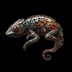 Fototapeta premium Steampunk chameleon crafted from recycled metal parts on black background.