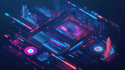 Fototapeta premium Futuristic analytics UI showcasing AI-driven trends, glowing circuits and holograms,