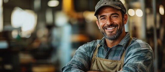 Fototapeta premium Smiling man wearing a cap and apron with arms crossed, standing in a workshop.