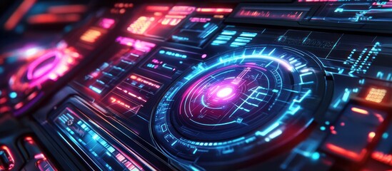 Obraz premium Futuristic gaming HUD featuring a vibrant speedometer, neon accents, immersive design