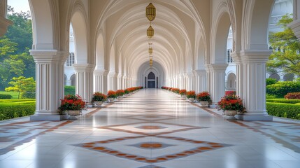 Obraz premium Sunlit colonnade with patterned floor, leading to a distant entrance.