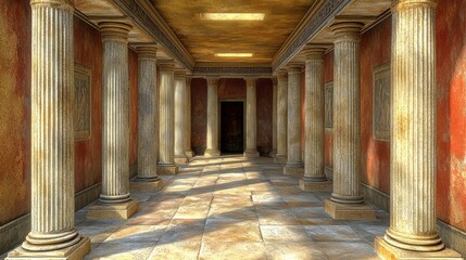 Sunlit classical colonnade interior with red walls.