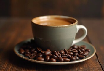 Fototapeta premium An espresso cup rests on a rustic wooden table, encircled by rich coffee beans, evoking a warm and inviting setting perfect for enjoying a quiet moment. Generative AI