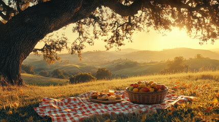 A tranquil countryside picnic under a giant oak tree during golden hour, a checkered blanket spread...