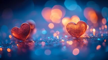 Obraz premium Two Glittering Hearts Resting On A Sparkling Surface