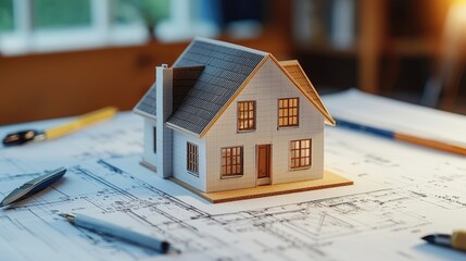 Architectural Model of a Modern House on Blueprints with Pens and Ruler in a Sunlit Office Environment