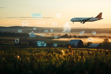 Fototapeta premium Futuristic Rural Dawn Landscape with Floating Farm Icons and Gliding Plane
