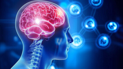 Human brain illustration with neural connectivity in blue tones