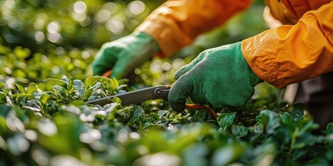 Gardener trims bushes outdoors using pruning shears. Closeup of hands in green gardening gloves working on rich green bushes. Expert gardener maintains plants. Focus on meticulous plant care. Natural