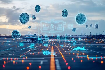 Futuristic Military Airstrip with Floating Radar and Satellite Dish Icons in Illuminated Cityscape Backdrop