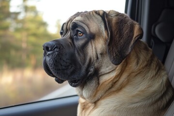 Obraz premium A large dog with a curious look is sitting in the front seat, attentively looking at the road through the side window, trees and grass are rushing behind him.