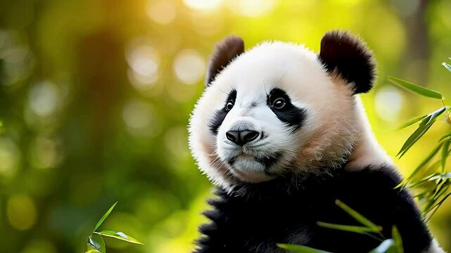 a panda  sitting in  bamboo