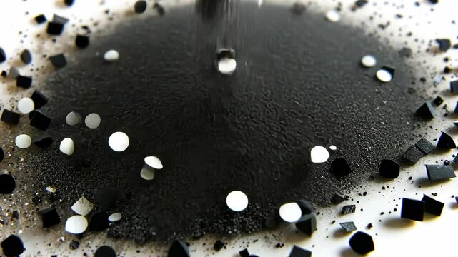 Various sizes of black and white granules are dispersed on a flat surface during a creative project