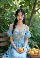 Obraz premium a beautiful Asian female sitting on a Park bench 