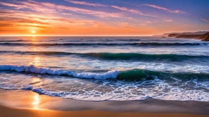 Obraz premium Gorgeous seaside sunset, soft waves washing over sandy beach, vibrant colors reflecting on water, ideal for inspiring relaxation and peace, perfect for travel brochures or nature-themed designs.