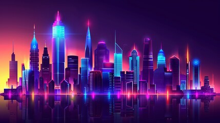 Fototapeta premium A vibrant, neon-lit city skyline at dusk, showcasing modern architecture and urban life.