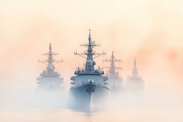 Indian naval ships in formation during ceremonial event at dawn. Military vessels form powerful, unified fleet in foggy sea. Naval ships display tradition, pride. Serene morning light enhances scene