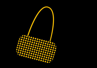 Vector illustration of a handbag on a black background. The handbag is yellow with a hint of gold. It has a pattern of yellow dots on a black background.