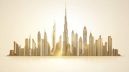 Golden sunrise cityscape skyline illustration.
