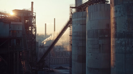 A cement factory featuring towering silos, conveyor belts transporting limestone, and glowing industrial kilns transforming raw materials into concrete, showcasing the manufacturing process.