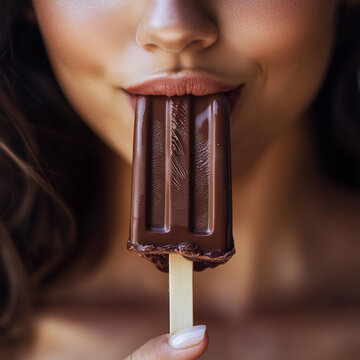 Mulher saboreando picol&eacute; de chocolate com foco nos l&aacute;bios