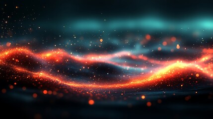 Obraz premium Abstract glowing orange particles wave dark background