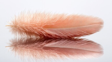 Two peach-colored feathers reflected on a surface.