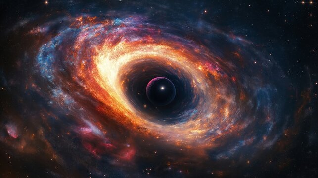 Fototapeta Vast swirling galaxy surrounds a black hole. Colorful nebulae swirl around dark void. Cosmic space shows galaxy spinning. Universe filled with stars. Awesome cosmic phenomena.