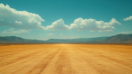 Obraz premium Vast desert landscape with a dirt road disappearing into the horizon under a partly cloudy sky.