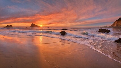 Obraz premium Stunning view of sunset over ocean, gentle waves creating ripples on sand, vibrant sky filled with warm colors, perfect for marketing tranquility, outdoor adventures, or calming retreats.