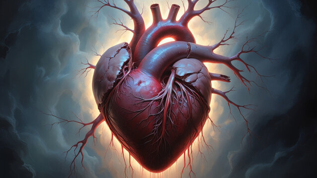 A delicately ravaged heart, its chambers exposed and arteries crumbling,This vivid depiction of a heart afflicted by disease