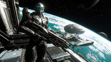 Fototapeta premium A character in a full-body exosuit, gripping a high-tech gun, stands confidently in front of a futuristic space station, gazing out at a distant, serene planetary landscape.