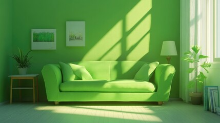 A vibrant green living room with a cozy sofa, plants, and natural light.