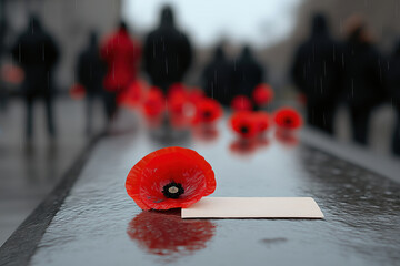 Handwritten note of thanks placed at war memorial. Red poppy flower lays on wet memorial surface. People walk by in rain. Tribute to veterans, freedom fighters. Rainy day remembrance. National moment