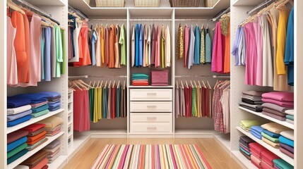 Organized walk-in closet with colorful clothes neatly arranged on shelves and hanging rods.
