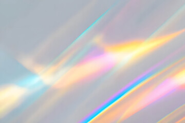 Blurred rainbow light refraction texture overlay effect for photo and mockups. Organic drop diagonal holographic flare on a white wall. Shadows for natural light effects