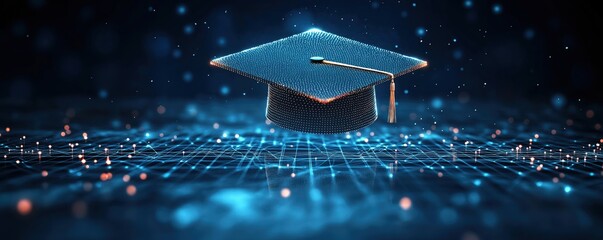 Digital graduation cap floats above network grid. Glowing lines, dots form cap. Tech education concept for future success. Abstract art achievement, digital learning. Elearning symbol in futuristic