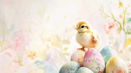 A charming watercolor of a chick perched atop a stack of painted Easter eggs, with a delicate backdrop of soft floral patterns, radiating warmth, joy, and the spirit of springtime celebration.