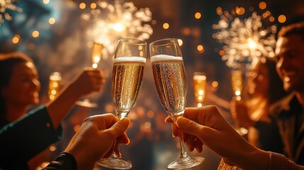 People raise champagne glasses in celebration. Fireworks light up night sky. Group celebrates special event. Friends toast. Festive atmosphere. Joyful moment.
