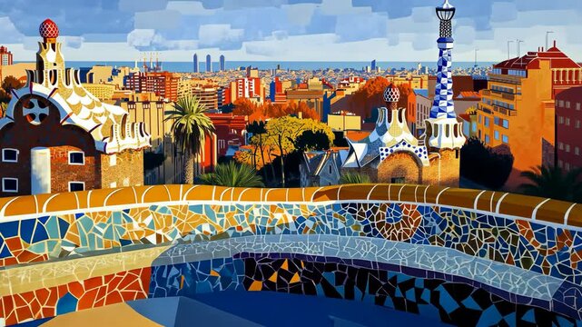 Colorful mosaic view of the cityscape from Park Guell in Barcelona showcasing modernist architecture and palm trees