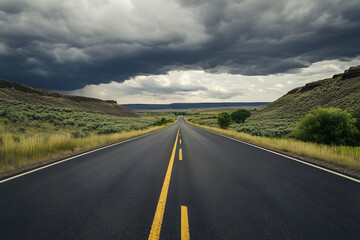 A straight road leading to the horizon, dark storm clouds in the background