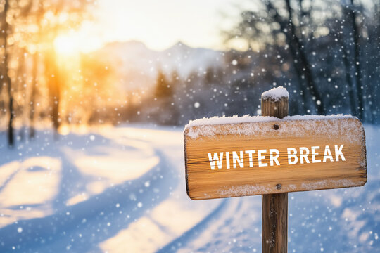 Illustration of a wooden sign with the text winter break on it