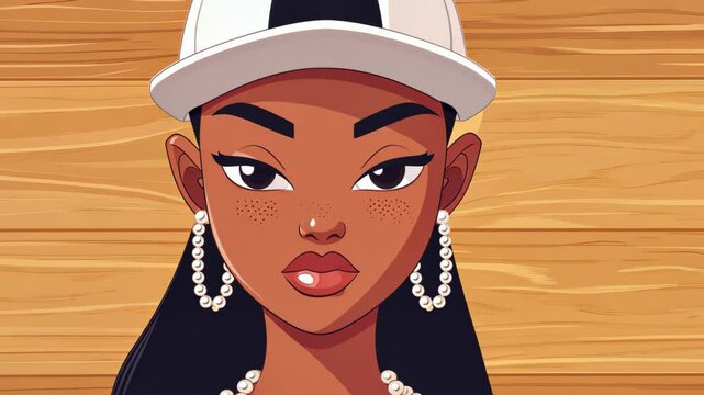 A chic woman in a baseball cap and pearls, styled on a beautiful wood grain backdrop, combines modern and classic vibes.