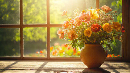 A vibrant bouquet of wildflowers in a rustic vase, placed on an old wooden table by a sunlit window. The soft golden light casts intricate shadows on the surface, with a blurred garden in the backgrou